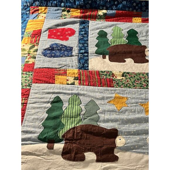 Handmade Winter Christmas Patchwork Appliqué Quilt Twin Snowmen Cabins Bears Fun - Picture 5 of 12